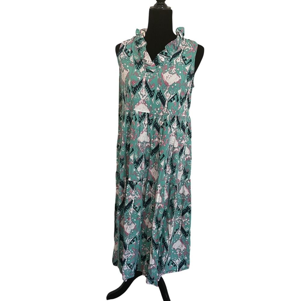 crown and ivy dress small Green Ruffle Neck Sleeveless Tiered‎ Cottagecore Beach